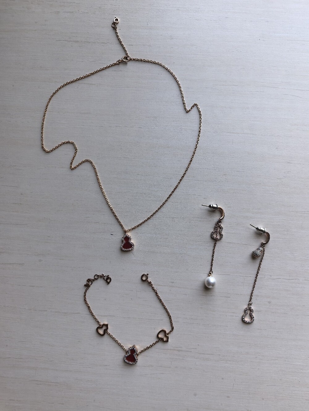 Coated Rose Gold calabash shape Jewelry Set Necklace Bracelet Earrings Pearl